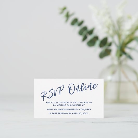 RSVP Online Navy Handwriting Insert Card für Hochz (Stehend Vorderseite)