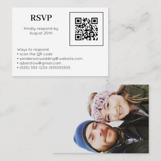 RSVP Online QR Code Foto Hochzeitsszenario Weiß Begleitkarte (Vorne/Hinten)