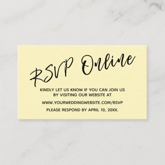 RSVP Online Simple Light Yellow Card Hochzeitsszen Begleitkarte (Vorderseite)