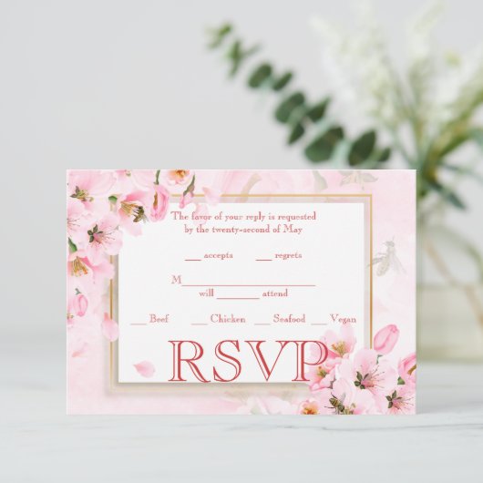RSVP Pink Cherry Blossom Card Hochzeit Einladung (Stehend Vorderseite)