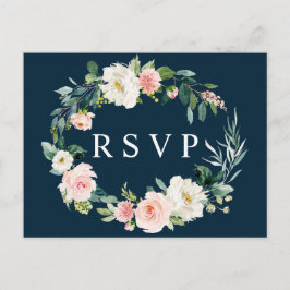 RSVP Postcard "Navy Blush Floral Wreath Wedding" Einladungspostkarte