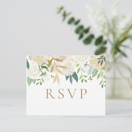RSVP-Postkarten für Hochzeiten in Gold und Weiß-Bl Postkarte (Stehend Vorderseite)