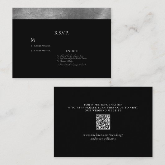 RSVP QR-Code für Schwarz und Metallisches Silber Begleitkarte (Vorne/Hinten)