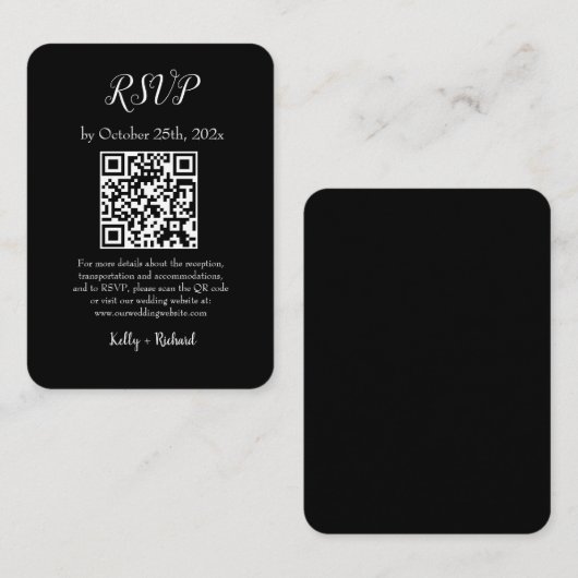 RSVP QR-Code für Schwarze kleine vertikale Hochzei Begleitkarte (Vorne/Hinten)