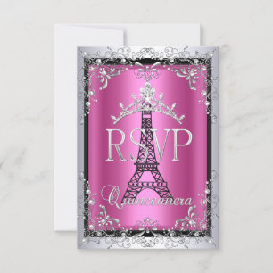 RSVP Quinceanera Rosa Silber Tiara Eiffelturm Karte