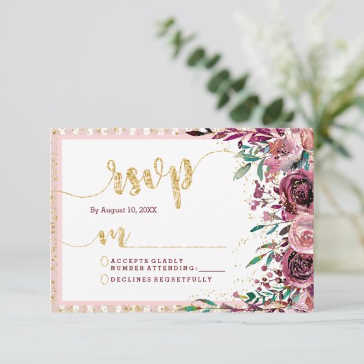 RSVP-Reaktion auf Blush-Blume-Streifen und Hochzei RSVP Karte (Stehend Vorderseite)