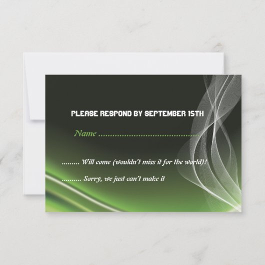 RSVP-Reaktion auf eine Hochzeitsfeier mit grünem S RSVP Karte (Rückseite)