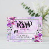 RSVP-Reaktion auf lila Blumen- und Silber-Rahmen-H RSVP Karte (Stehend Vorderseite)