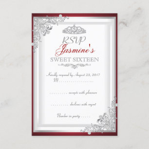 RSVP Red Silver Damast Tiara Sweet 16 Karte
