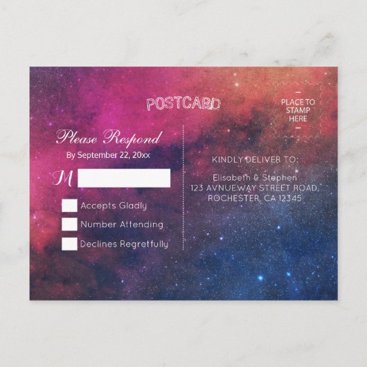 RSVP-Reply-Galaxy-Nebula-Konstellationen Hochzeite Einladungspostkarte (Rückseite)
