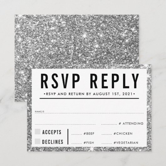 RSVP REPLY RESPONSE simple modern silver glitter Karte (Vorne/Hinten)