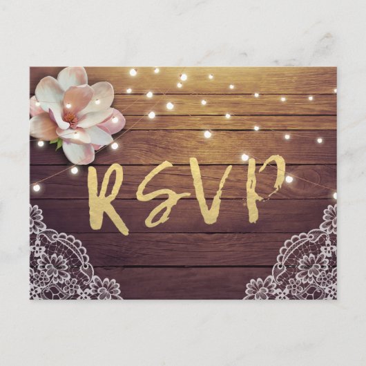 RSVP Reply Rustic Wood Floral String Light Einladungspostkarte (Vorderseite)