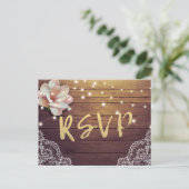 RSVP Reply Rustic Wood Floral String Light Einladungspostkarte (Stehend Vorderseite)