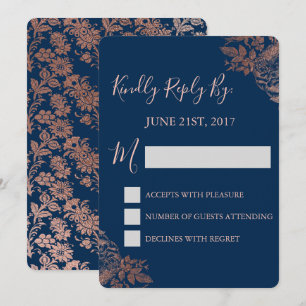 RSVP - Roségold Rosa und Marineblau Blumen Einladung