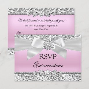 RSVP Silber Rosa Glitter Juwel Bogen Quinceanera Einladung