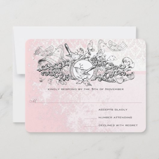 RSVP (Vintag Bird Pink Musical Scroll Wedding) Karte (Vorderseite)