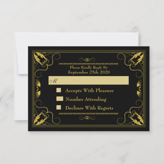 RSVP (Vintag Black Gold Gilded Age Wedding) Karte (Vorderseite)
