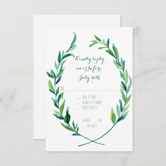 RSVP w Menu Laurel Wreath Olive Leaf Branch Modern (Vorne/Hinten)