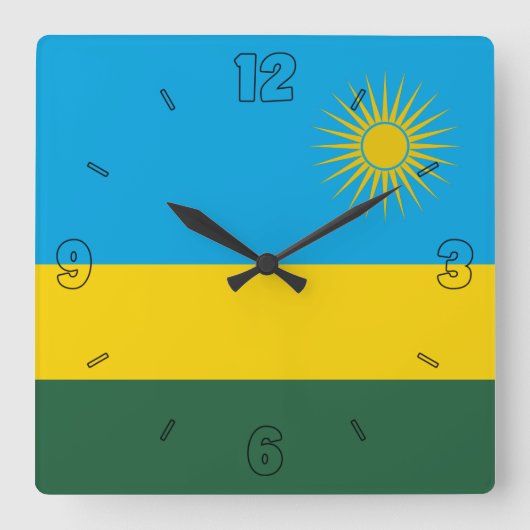 Ruanda Flag Green Blue Yellow Sun Numbers Quadratische Wanduhr (Vorderseite)