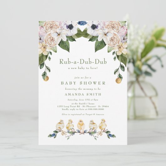 Rub-A-Dub-Dub Gelbe Duck Floral Baby Shower Einladung (Stehend Vorderseite)