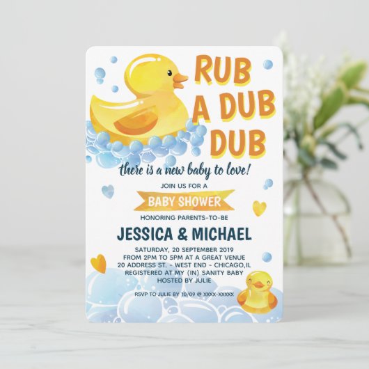 Rub a Dub Dub Rubber Duck Baby Shower Einladung (Stehend Vorderseite)