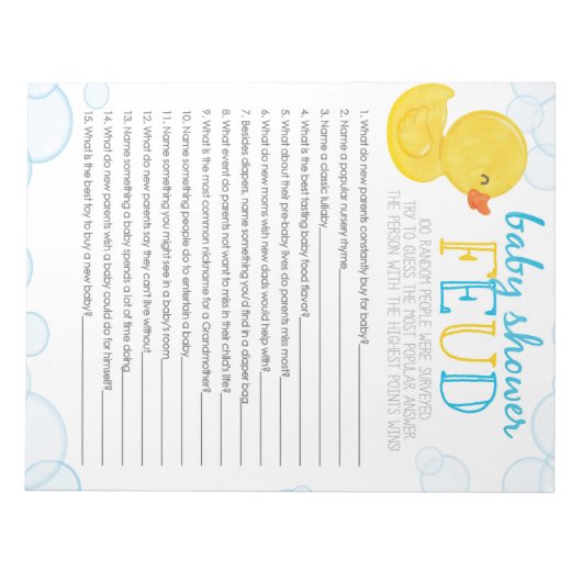 Rubber Duck Baby Showdusche Feud Game Pack Notizblock (Vorderseite)