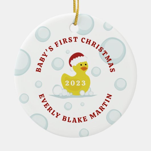 Rubber Duck Baby's First Christmas Bubbles Keramik Ornament (Vorne)