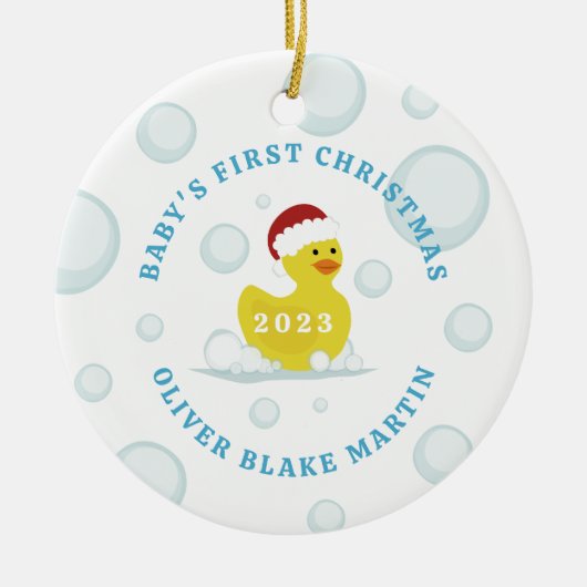 Rubber Duck Baby's First Christmas Foto Blue Keramik Ornament (Vorne)