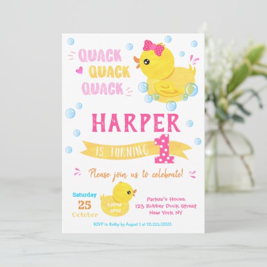 Rubber Duck Birthday Invitations Girl Einladung (Stehend Vorderseite)
