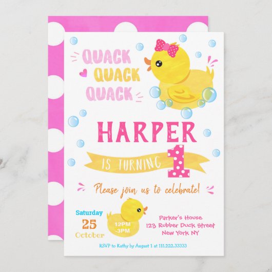 Rubber Duck Birthday Invitations Girl Einladung (Vorne/Hinten)