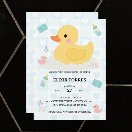Rubber Duck Blue Hearts Baby Dusche Einladung