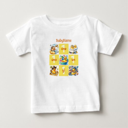 Rubber Duck First Birthday Mehrsprachiger Spaß Baby T-shirt (Vorderseite)