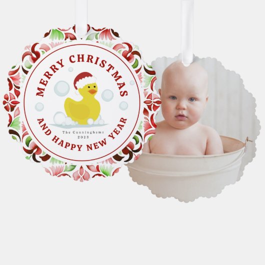 Rubber Duck Santa Christmas Foto Ornament Karte (Vorderseite/Rückseite)