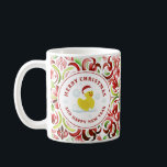 Rubber Duck Santa Christmas Foto Wasserfarbe Kaffeetasse<br><div class="desc">Illustration einer Gummiente mit einer Weihnachtsmannmütze. Grenzen und Rückseite sind rot und grün,  florale Fliesen Muster.</div>