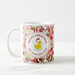 Rubber Duck Santa Christmas Foto Wasserfarbe Kaffeetasse<br><div class="desc">Illustration einer Gummiente mit einer Weihnachtsmannmütze. Grenzen und Rückseite sind rot und grün,  florale Fliesen Muster.</div>