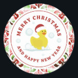 Rubber Duck Santa Christmas Foto Wasserfarbe Runder Aufkleber<br><div class="desc">Illustration einer Gummiente mit einer Weihnachtsmannmütze. Grenzen und Rückseite sind rot und grün,  florale Fliesen Muster.</div>