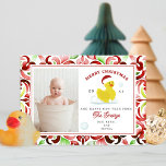 Rubber Duck Santa Watercolor Weihnachtsgebäck Foto Feiertagskarte<br><div class="desc">Illustration eines Spielzeugs aus Gummi-Ente mit einer Weihnachtsmannmütze. Grenzen und Rückseite sind rot und grün,  florale Fliesen Muster. Personalisieren Sie mit Ihrem Foto.</div>
