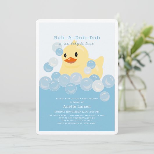 Rubber Ducky Boy Blue Baby Dusche Einladung (Stehend Vorderseite)