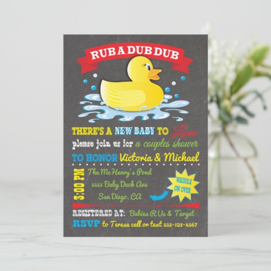 Rubber Ducky Couples Kinderdusche Einladung (Stehend Vorderseite)