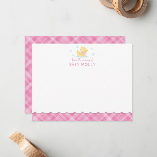 Rubber Ducky Preppy Pink Karierte Baby Note Card Mitteilungskarte (Vorderseite/Rückseite Beispiel)