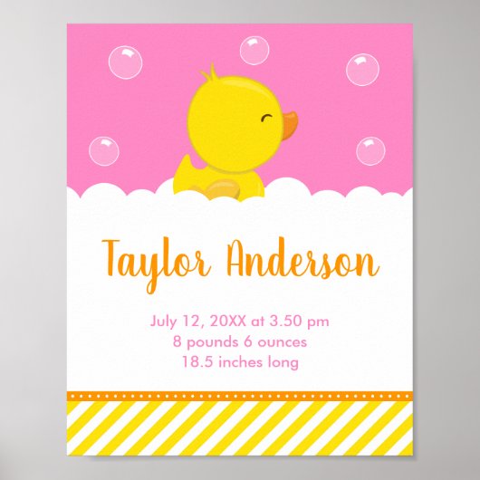 Rubber Ducky Yellow and Pink Birth Statistics Poster (Vorne)