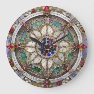 Rubin, Amethyst, Saphir und Perlen-Mandala Große Wanduhr