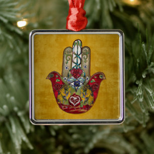 Rubin Granatapfel Herz Roter Vogel Hamsa Ornament Aus Metall