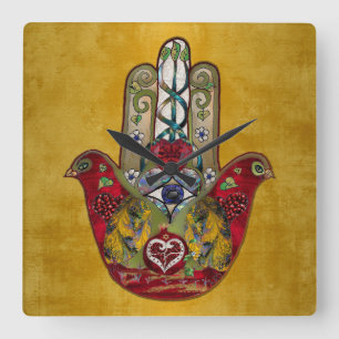 Rubin Granatapfel Herz Roter Vogel Hamsa Quadratische Wanduhr