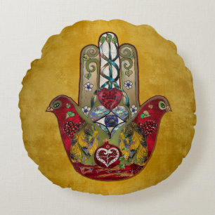 Rubin Granatapfel Herz Roter Vogel Hamsa Rundes Kissen