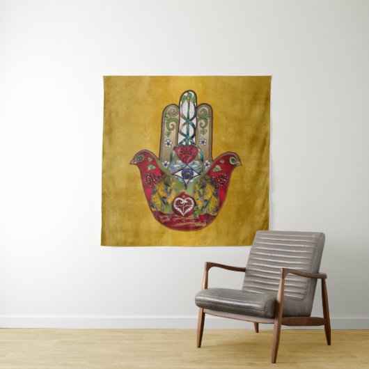 Rubin Granatapfel Herz Roter Vogel Hamsa Wandteppich (Beispiel)