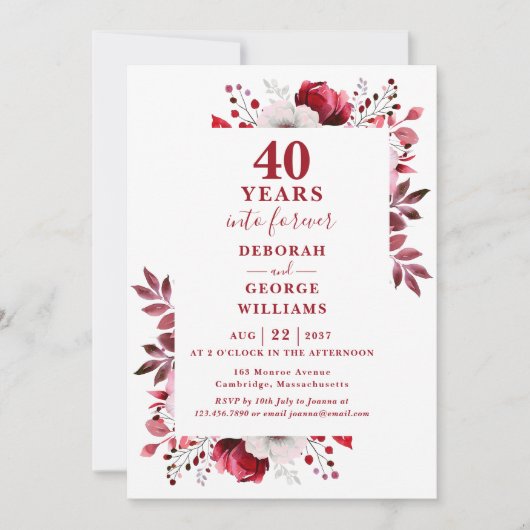 Rubin Hochzeit 40 Jahre Florales Monogramm Einladung (Vorderseite)