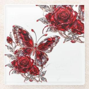 Rubin Kristall Schmetterling & Rose Glasuntersetzer