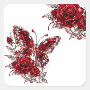 Rubin Kristall Schmetterling & Rose Quadratischer Aufkleber