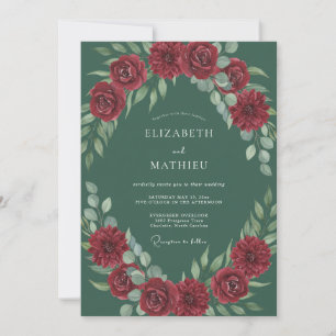 Rubin-Teal-Laub-Eukalyptus-Hochzeit Einladung